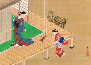 Nishikawa Sukenobu - Courtesan and Attendant Playing with a Dog
