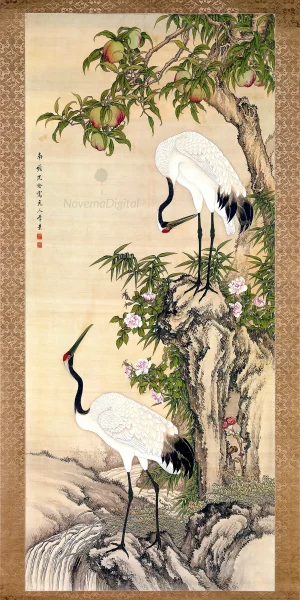 After Shen Quan - Cranes, Peach Tree, and China Rose