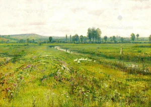 John Atkinson Grimshaw - An Extensive Meadow Landscape with Geese by a Stream (1892)