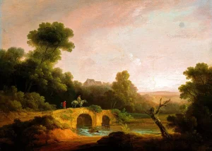 John Rathbone - Landscape with Figures Crossing a Bridge (1790)