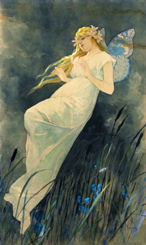Alphonse Mucha - Elfe mit Irisblüten (1885-1890)